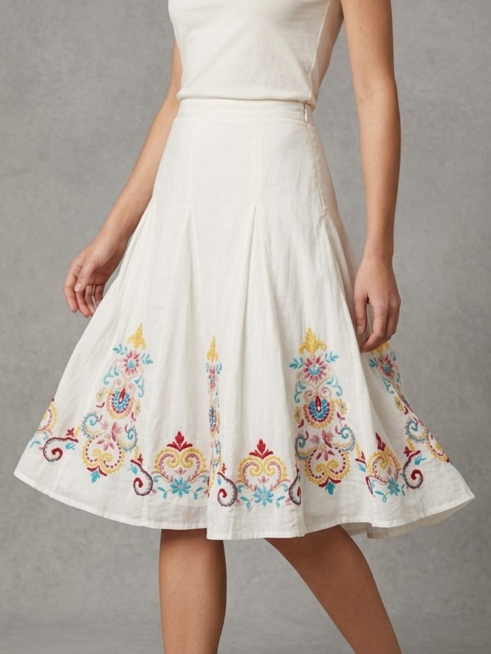 Nygard Cotton Cream  Embroidered A-Line Midi Skirt